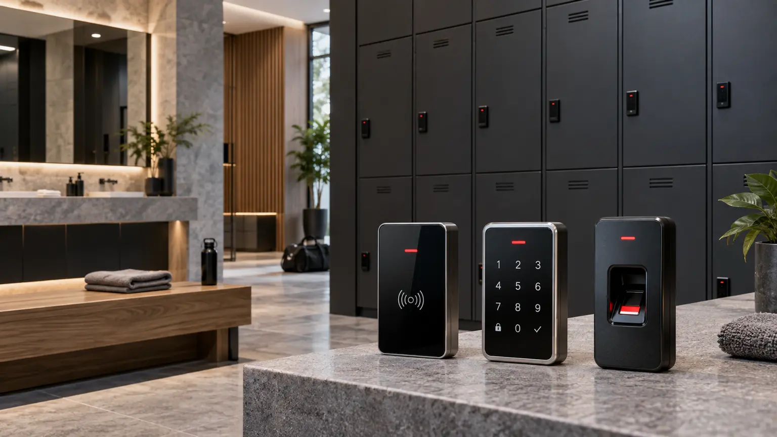 RFID, кодовый и биометрический электронные замки на фоне шкафчиков